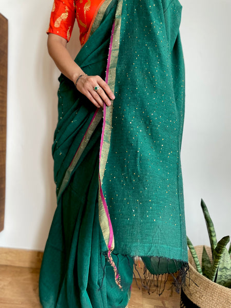 Woven sitara cotton saree- Green