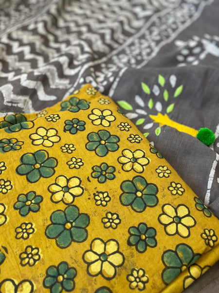 Dabu Mul cotton hand block printed saree with Embroidery