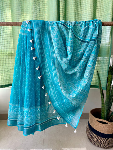 Slub cotton hand block printed saree