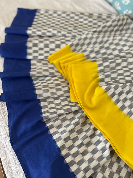 Grey Yellow & Blue Woven Ikkat Pochampally Cotton saree