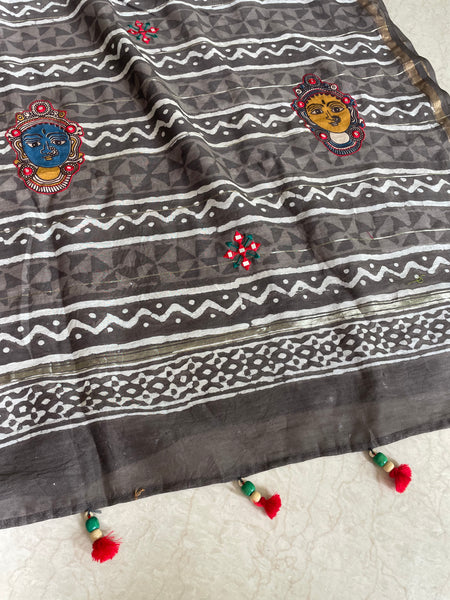 Embroidered handblock printed chanderi cotton silk saree