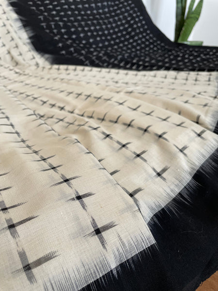 Black & Off White Woven double Ikkat Pochampally Cotton saree