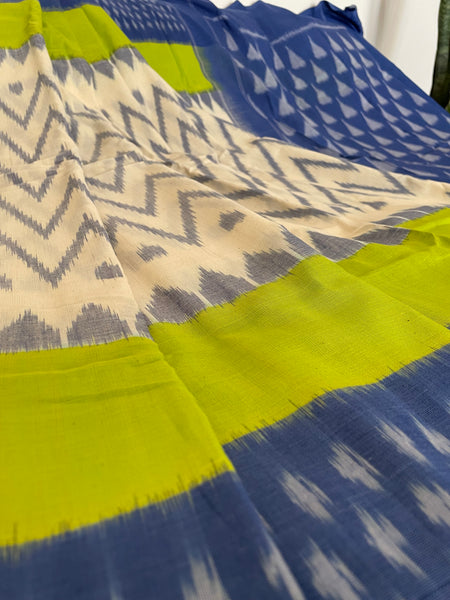 Blue and Green Woven Ikkat Pochampally Cotton saree