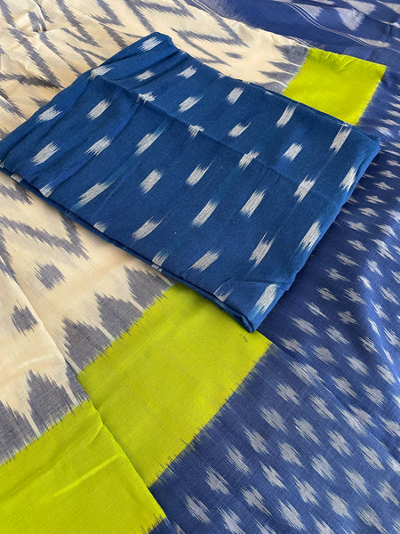 Blue and Green Woven Ikkat Pochampally Cotton saree
