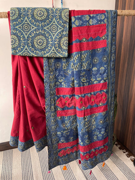 Maroon Applique Ajrakh Hand Embroidered Cotton Saree