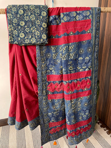 Maroon Applique Ajrakh Hand Embroidered Mul Cotton Saree