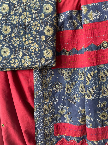 Maroon Applique Ajrakh Hand Embroidered Cotton Saree