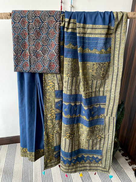 Blue Applique Ajrakh Hand Embroidered Mul Cotton Saree