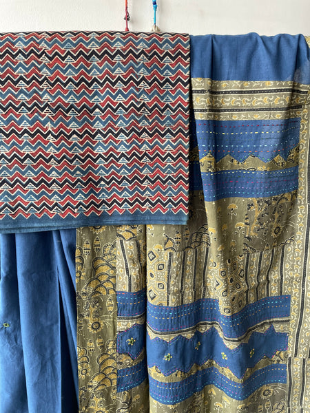 Blue Applique Ajrakh Hand Embroidered Mul Cotton Saree