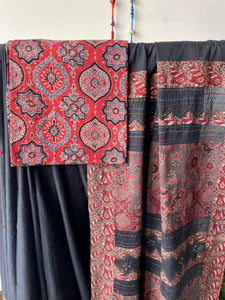 Black Applique Ajrakh Hand Embroidered Mul Cotton Saree