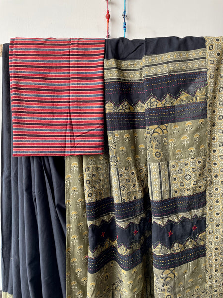 Applique Ajrakh Hand Embroidered Cotton Saree