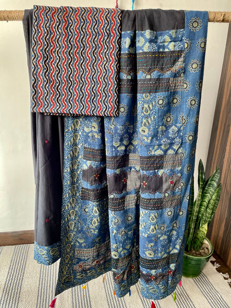 Applique Ajrakh Hand Embroidered Mul Cotton Saree