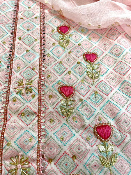Hand Embroidered Cotton 3 piece set -Top, bottom & dupatta