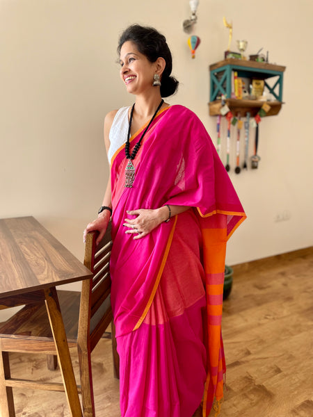 Fuchsia Pink and Orange Handloom Bengal Cotton Saree