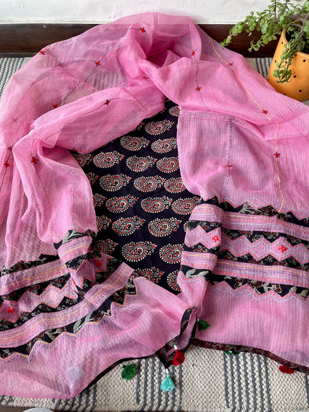2 piece set - Ajrakh handblock cotton kurta with kota doria dupatta