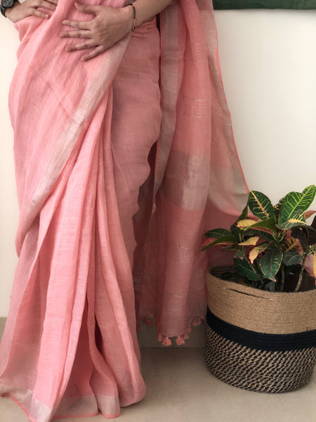 Rose Pink - Handwoven Linen Saree