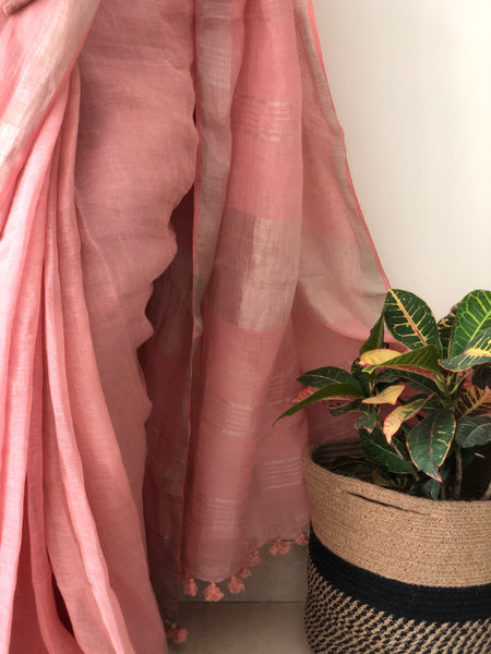 Rose Pink - Handwoven Linen Saree