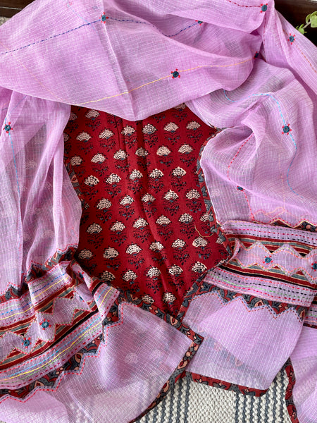 2 piece set - Ajrakh handblock cotton kurta with kota doria dupatta