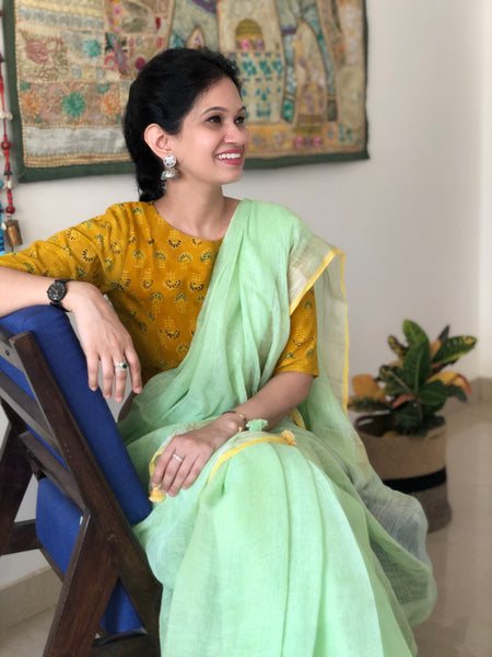 Lemon Green with yellow border - Handwoven Linen Saree