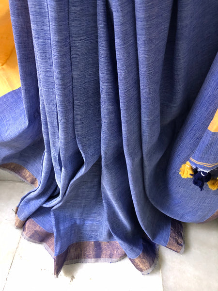 Handwoven Cotton linen Saree - Blueberry