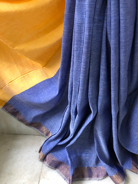 Handwoven Cotton linen Saree - Blueberry