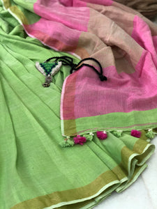 Handwoven Cotton linen Saree - Guava