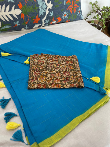 Mul cotton checks Saree - Blue and yellow