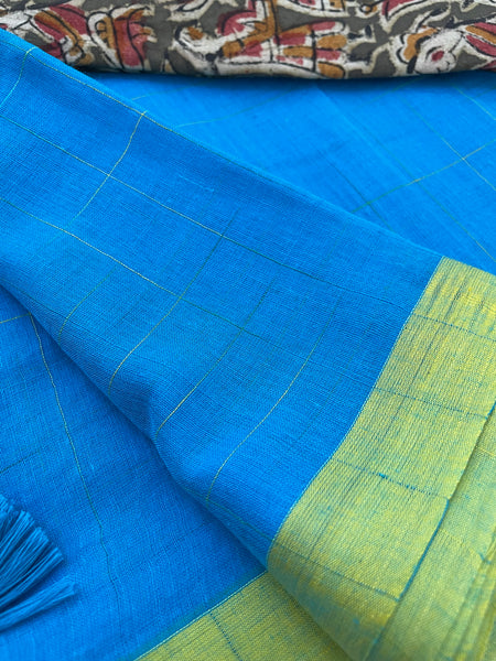 Mul cotton checks Saree - Blue and yellow