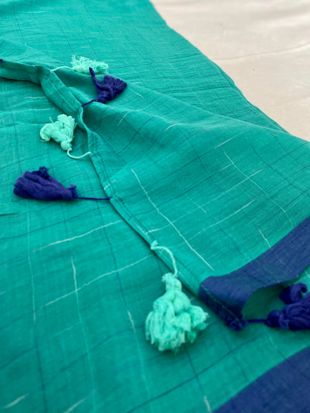 Mul cotton checks Saree -teal green & blue