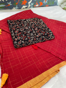 Mul cotton checks Saree - Red & Yellow