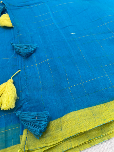 Mul cotton checks Saree - Blue and yellow