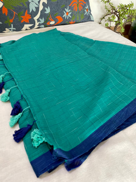 Mul cotton checks Saree -teal green & blue