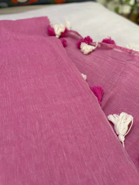 Plain Mul Cotton Saree - Bright Pink