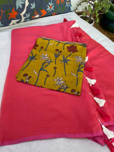 Plain Mul Cotton Saree - Carrot color