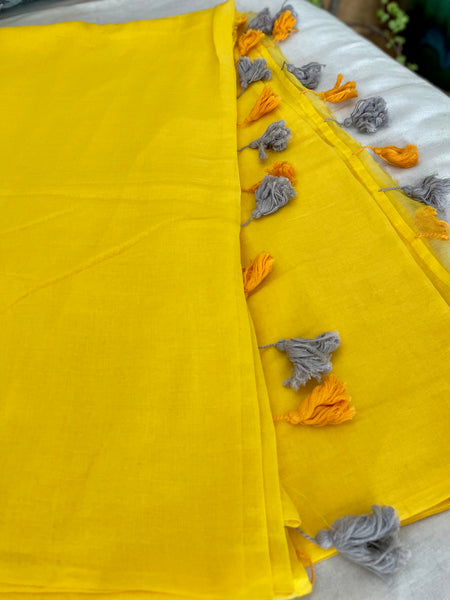 Plain Mul Cotton saree - Bright Yellow