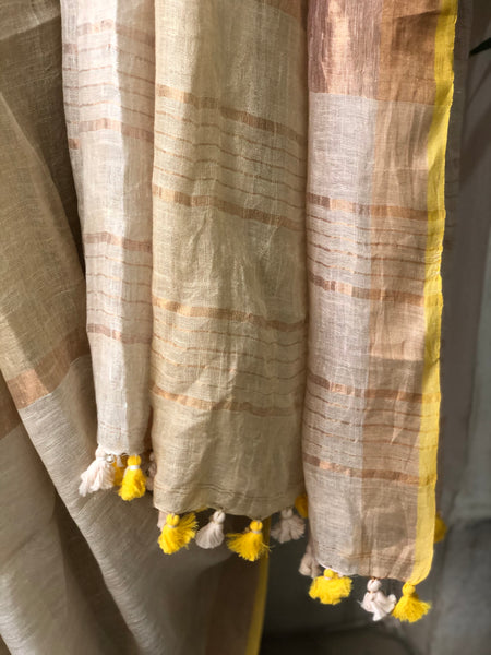 Handwoven linen stripes saree - Sunset Mix