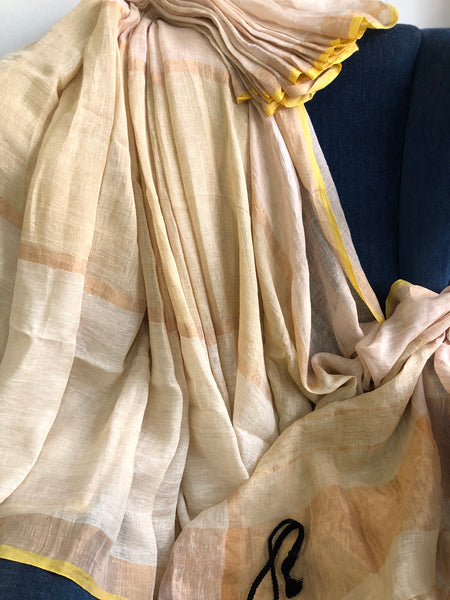 Handwoven linen stripes saree - Sunset Mix