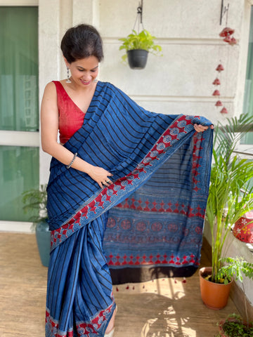 Exclusive Ajrakh naturally dyed modal silk saree