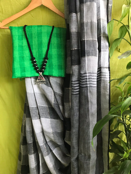 Handwoven linen black & white plaids saree