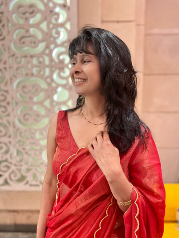 Red Tissue Chanderi Handwoven Saree