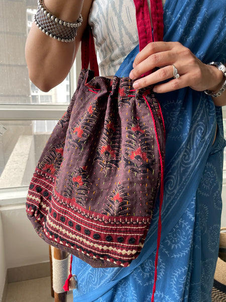 Ajrakh blockprinted Cotton Embroidered Potli Style Bag