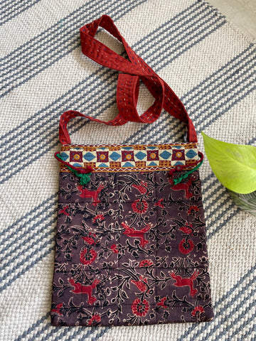 Ajrakh blockprinted Mashru Silk Embroidered Sling Bag