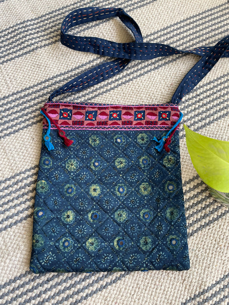 Ajrakh blockprinted Mashru Silk Embroidered Sling Bag