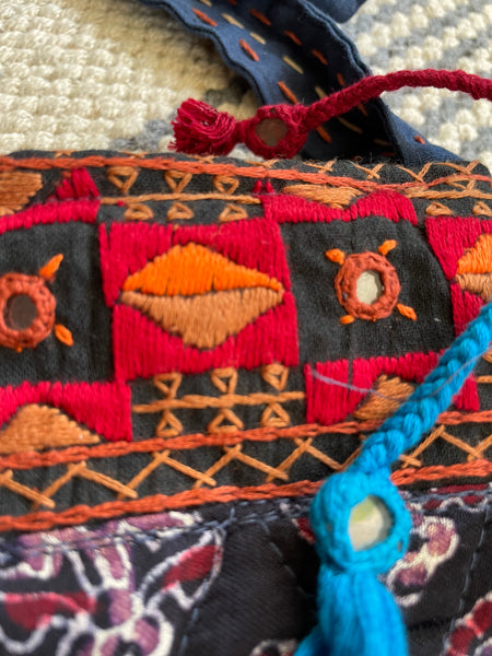Ajrakh blockprinted Mashru Silk Embroidered Sling Bag