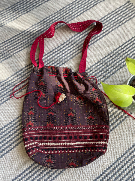 Ajrakh blockprinted Cotton Embroidered Potli Style Bag