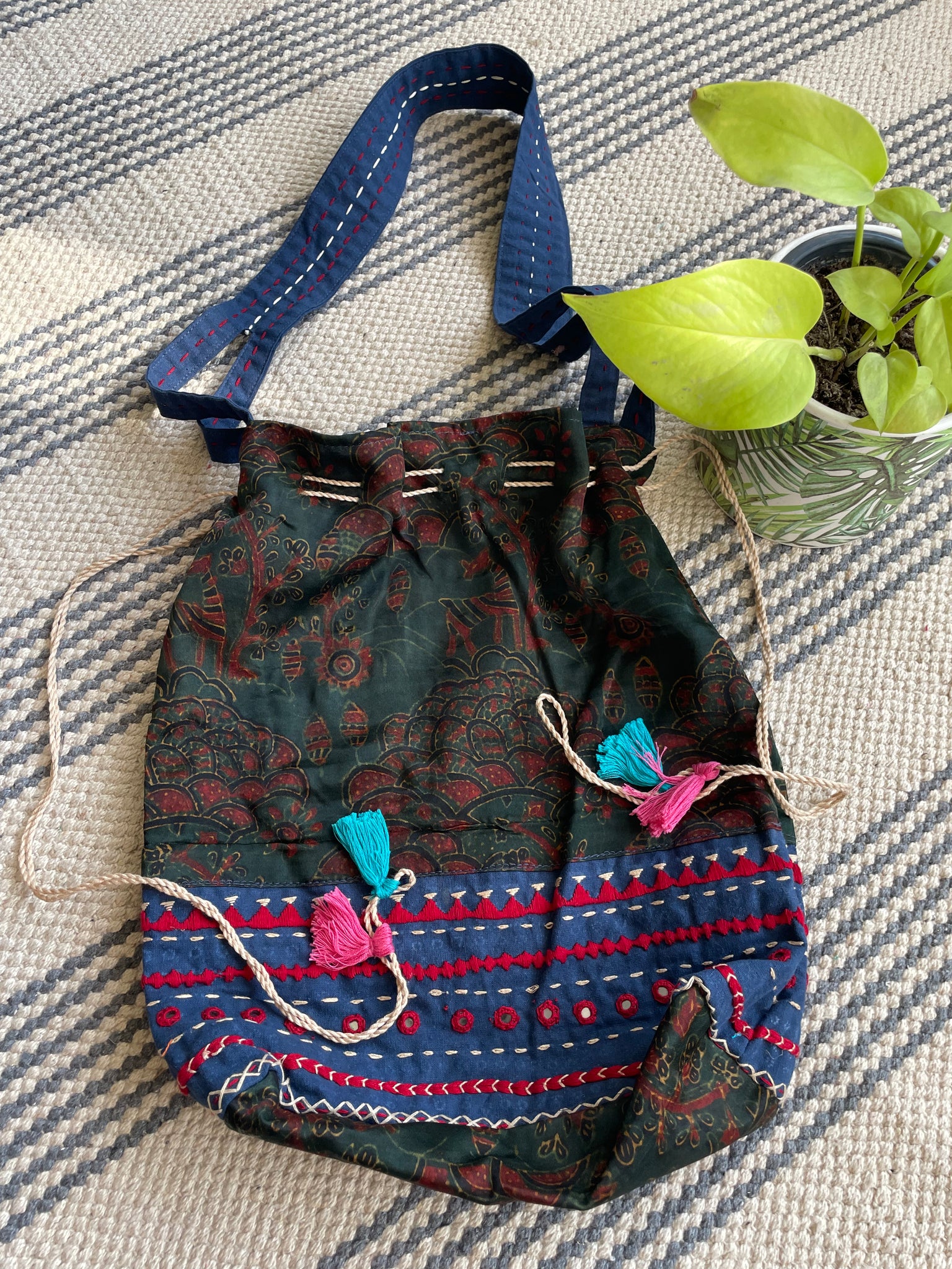 Ajrakh blockprinted Mashru Silk Embroidered Potli Style Bag