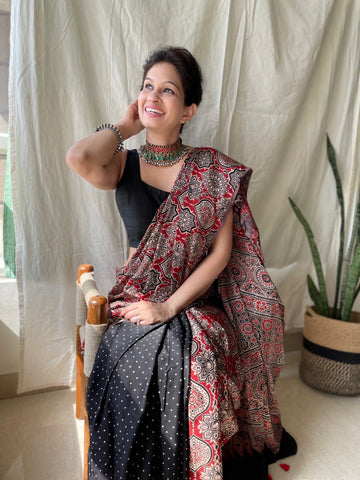 Half & Half Ajrakh naturally dyed modal silk saree