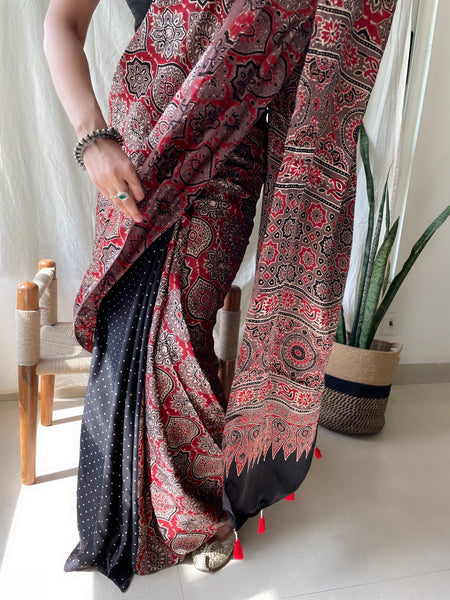 Half & Half Ajrakh naturally dyed modal silk saree