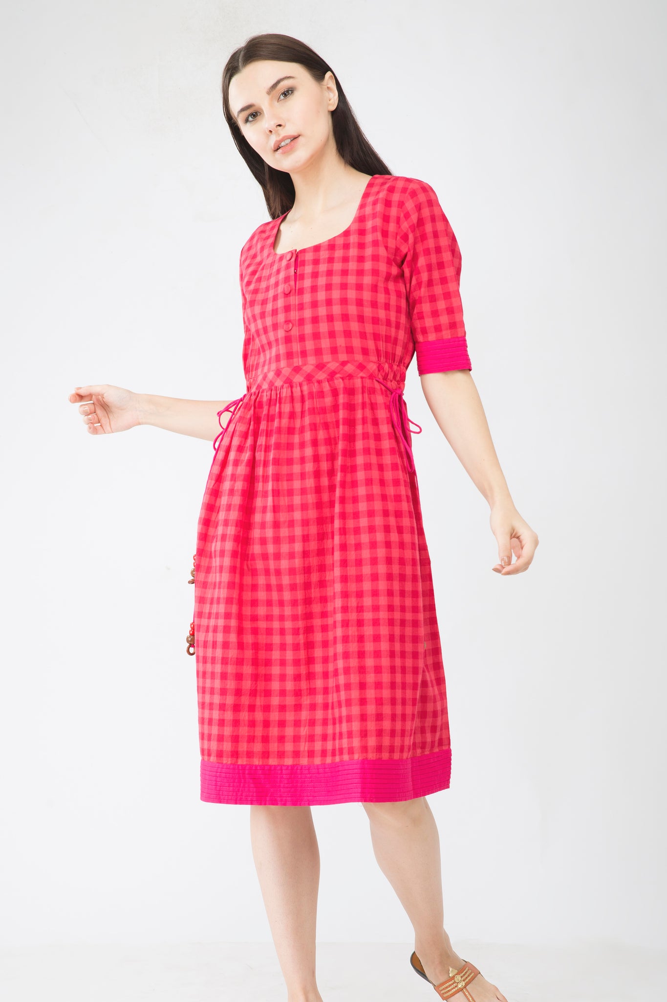Red Checks Handloom Dress - Sizes Left - S-1 , M-1