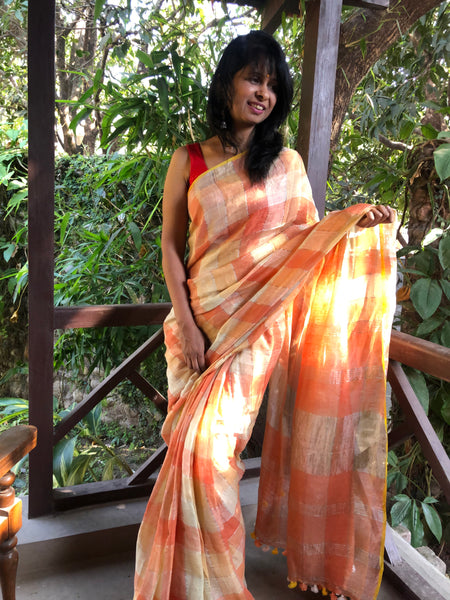 Handwoven linen plaids saree - Marigold